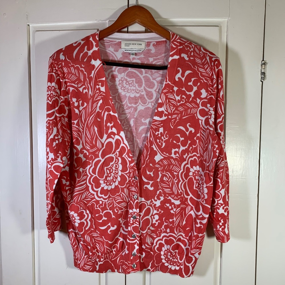 Jones New York Sport Coral White Floral Egyptian‎ Cotton Cardigan Sweater XL